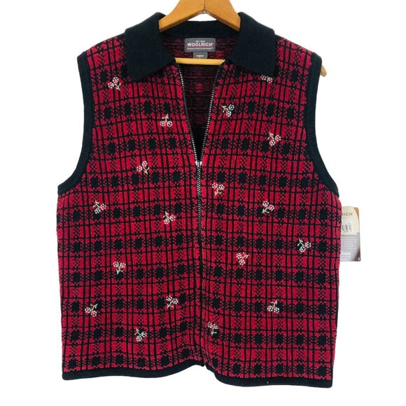 NEW Woolrich Women’s Cardigan Vest Sz Large Full Zip Plaid Daisies Ruby Red NWT - Picture 1 of 10
